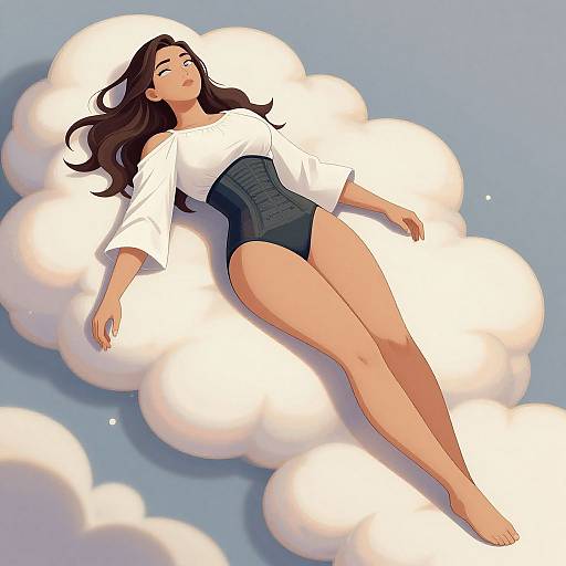 Digital anime-style illustration of a relaxed woman with long brown hair, wearing a white blouse and black high-waisted swimsuit, lying on a fluffy