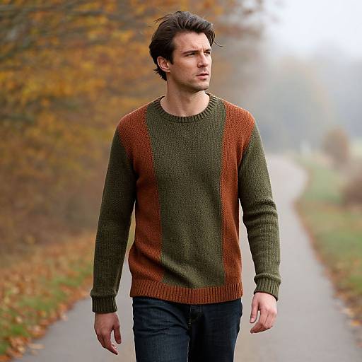 Photograph of a handsome man with dark brown hair, wearing a green and brown knit sweater, walking on a misty autumn path.
