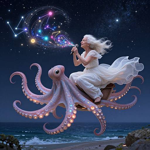 Magical photograph of a blonde woman in a flowing white dress riding a glowing pink octopus, blowing colorful star constellations against a night sky and