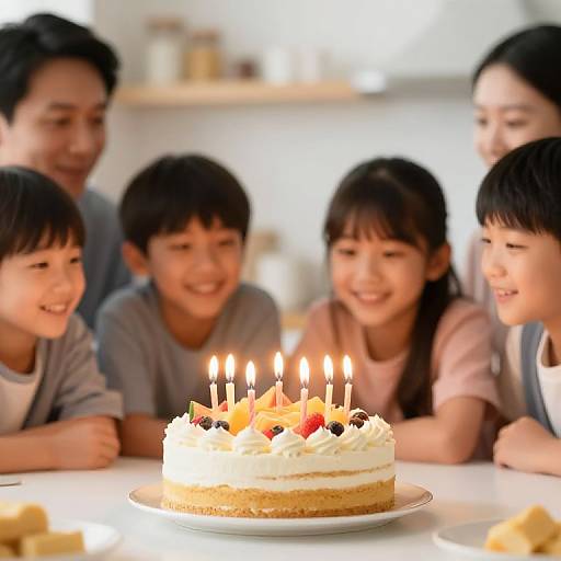Photograph of a joyful Asian family with four children and two parents, smiling around a brightly lit birthday cake with candles.