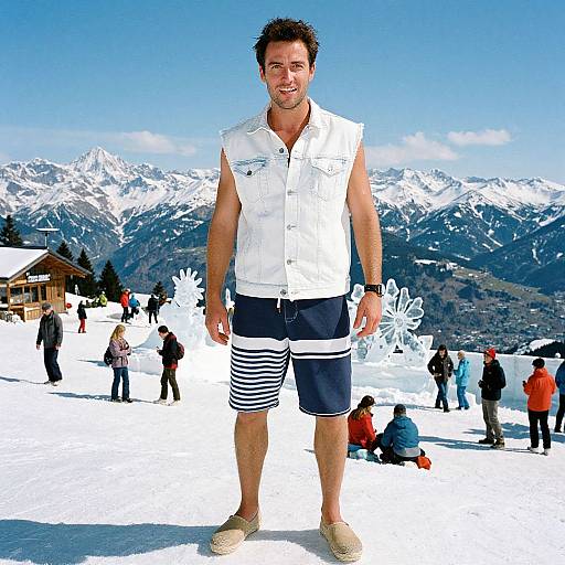 Photograph of a smiling man with short dark hair, wearing a white sleeveless shirt and navy-striped shorts, standing in a snowy mountain landscape with people