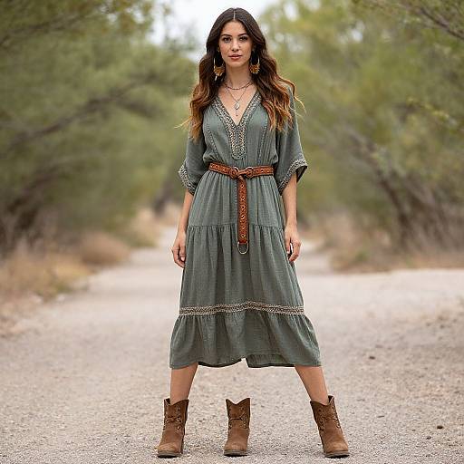 Photograph of a woman with long brown hair, wearing a green, V-neck, belted dress and brown cowboy boots, standing on a gravel path