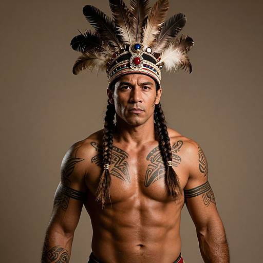 Photograph of a muscular, tan-skinned Native American man with long braids, wearing a feathered headdress, tattoos, and tribal arm bands