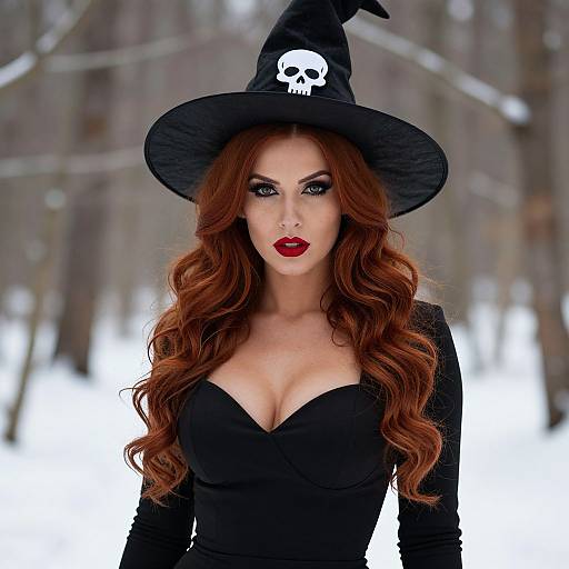 Photograph of a fair-skinned woman with long red hair, wearing a black witch hat with a skull emblem, a low-cut black dress, and