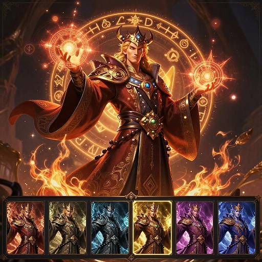 Digital art of a muscular, horned sorcerer in ornate black robes, casting fiery magic, with a glowing circular symbol behind. Five smaller,