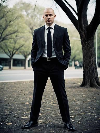 Bald Man in Black Suit Standing Outdoors