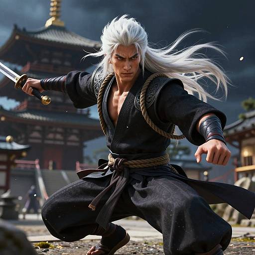 Digital artwork of a fierce, white-haired samurai with intense expression, wielding a sword, in a dynamic stance, against a traditional Japanese temple backdrop.