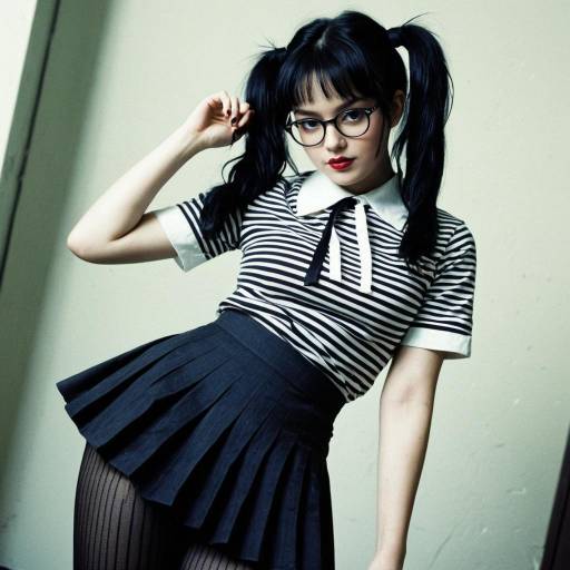 Young Woman in Striped Shirt and Pleated Skirt