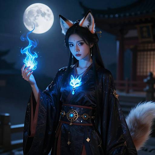 Mystical Kitsune Sorceress in Moonlight