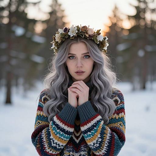 Photograph of a fair-skinned woman with long, wavy gray hair, wearing a colorful patterned sweater and floral crown, standing in a snowy