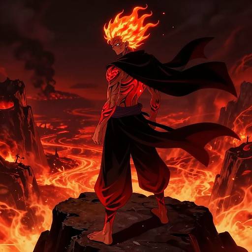 Digital artwork of a muscular, fiery-haired male warrior with glowing red tattoos, standing barefoot on a rock amidst a blazing, lava-filled landscape. Black