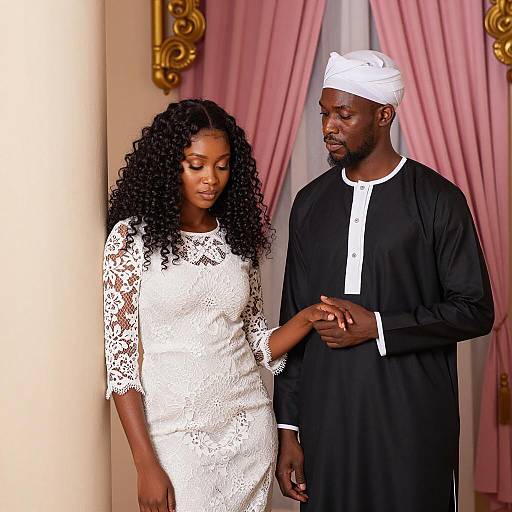 Couple in Traditional Attire Holding Hands Indoors