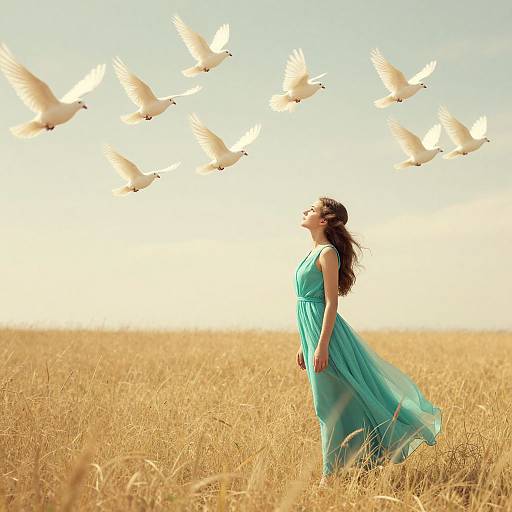 Photograph of a pregnant woman in a flowing turquoise dress, standing in a golden wheat field, with white doves flying overhead against a bright, clear