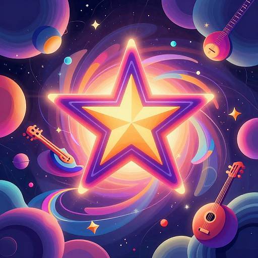 Bright neon star at center surrounded by colorful planets, guitars, and musical notes in a vibrant, cosmic, digital art style.