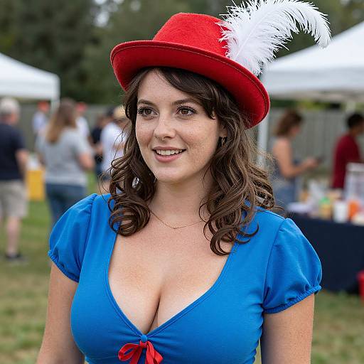 Photograph of a smiling woman with fair skin, dark wavy hair, wearing a red hat with white feathers, blue dress with deep neckline, and