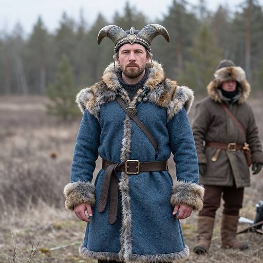 Photograph of a bearded man in a blue fur-lined Viking robe with horned helmet, standing in a forest, blurred background, another person in