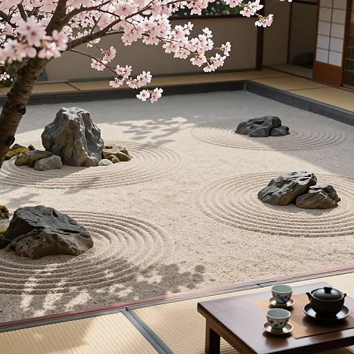 Photograph of a serene Japanese garden with raked sand, cherry blossoms, and rocks, accompanied by a wooden tea set on a table.