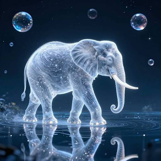 Digital artwork: Glowing, wireframe elephant with white, luminescent texture, surrounded by floating bubbles, standing in reflective water, blue starry