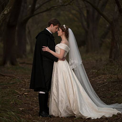 Photograph of a bride in a white strapless wedding gown and veil, kissing her groom in a black kilt, standing in a dark, forest
