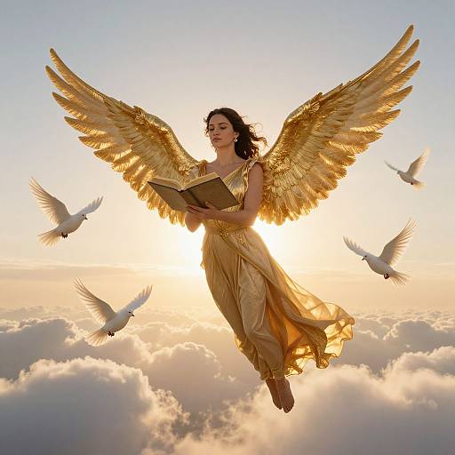 Angel with golden wings and flowing dress, holding a book, soaring above clouds at sunset, surrounded by white doves. Photographic illustration.