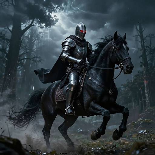 Digital art: Knight in silver armor with red visor rides a galloping black horse under a stormy, moonlit forest. Dark, dramatic