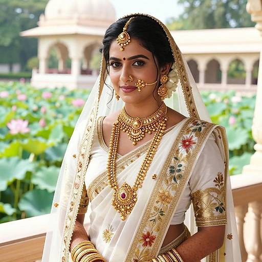 Photograph of a South Asian bride in traditional white saree adorned with gold jewelry, standing in a lush garden with lotus flowers.