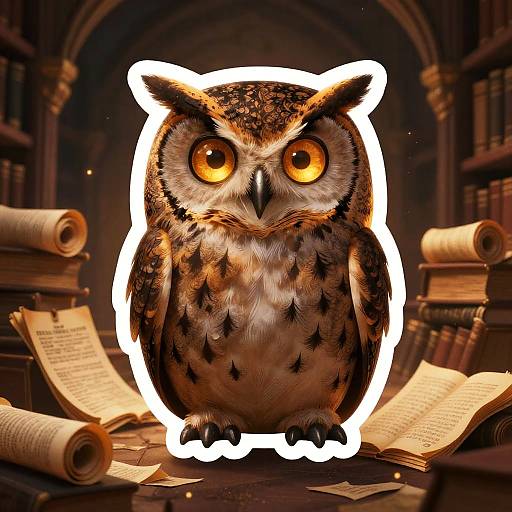 CGI owl with glowing white outline, large orange eyes, brown and white feathers, surrounded by scattered parchment scrolls in a dimly lit, medieval library