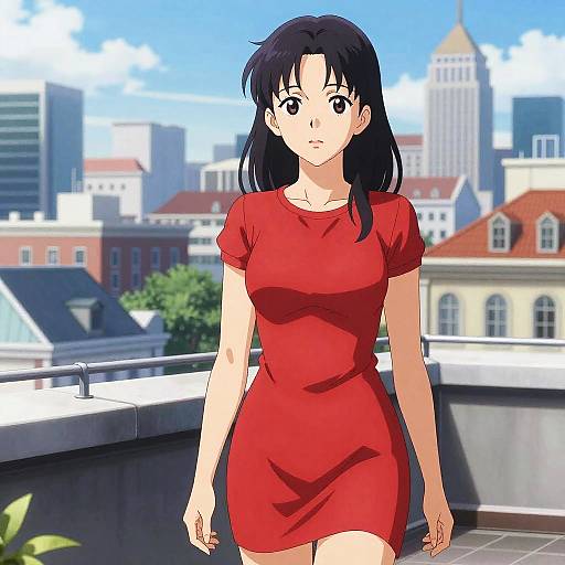 Anime-style digital drawing of a young woman with black hair in a red dress, standing on a rooftop with a cityscape background. Bright blue sky,