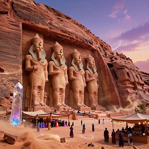 Photograph of Petra's Al-Khazneh, featuring towering sandstone statues of ancient figures, surrounded by visitors in traditional clothing, under a pink