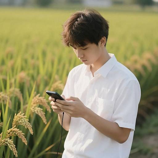 Young Man in Rice Field with Device