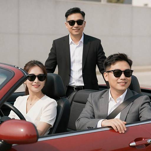 Three professionals in red convertible car