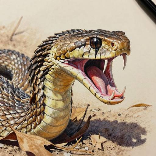 Photorealistic digital artwork of a coiled, brown and yellow rattlesnake with an open mouth, sharp fangs, and detailed scales on