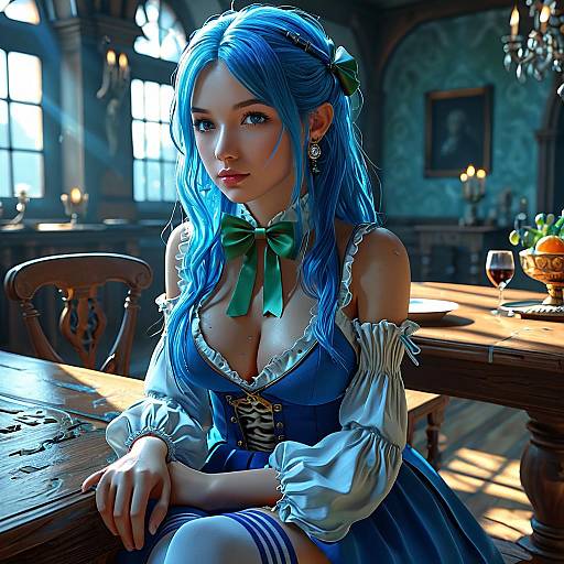 Digital art of a blue-haired, fair-skinned anime woman in a blue, off-shoulder dress with green bow, sitting in a sunlit