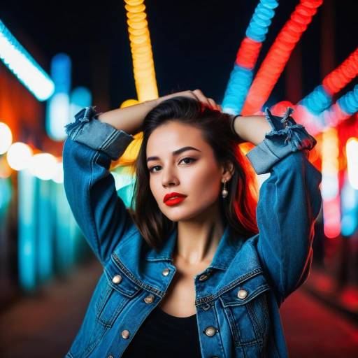 Woman in Denim Jacket with Colorful Night Lights