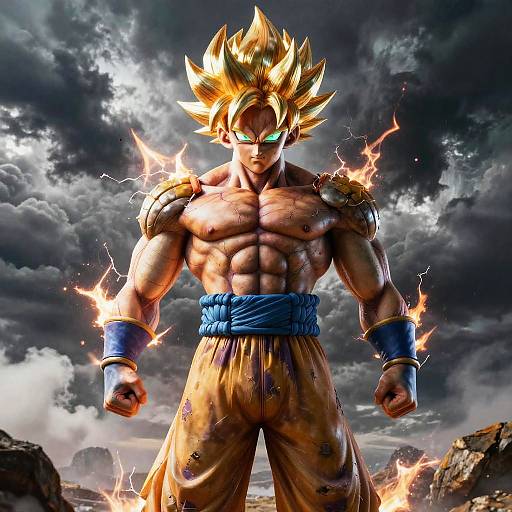 Digital artwork of muscular, golden-haired Super Saiyan Goku with glowing green eyes, electric sparks, and intense stormy sky background.