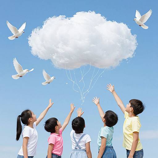 Photograph of five children with raised arms, pulling a white cloud with white dove birds flying around against a bright blue sky.