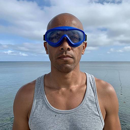 Man Wearing Blue Goggles by the Ocean