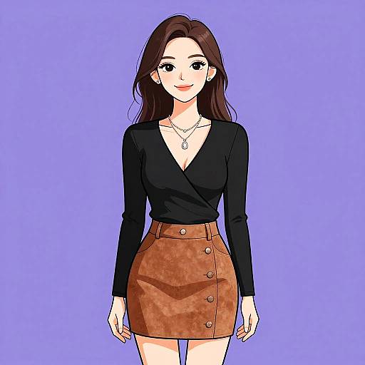 Digital anime-style drawing of a smiling woman with long brown hair, wearing a black V-neck top and brown buttoned skirt, against a blue background.