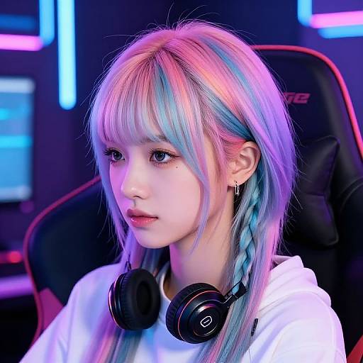 Digital photograph of a young woman with pastel pink and blue hair, braided, wearing black headphones, white shirt, and black gaming chair, in