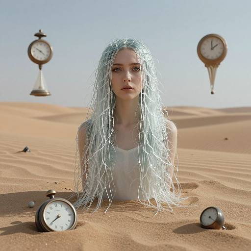 Photorealistic CGI of a pale-skinned, blue-haired woman with long, wavy hair, wearing a white tank top, sitting in a desert
