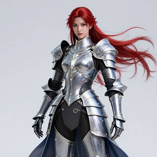 Digital artwork of a red-haired woman in shiny silver medieval armor with black underlayer, standing confidently against a white background.