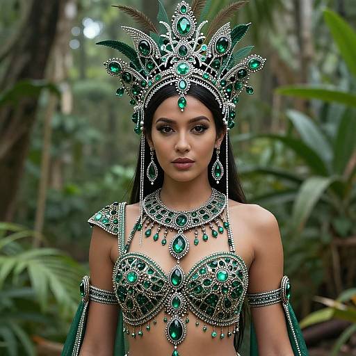 Photograph of a young woman with dark skin, wearing an elaborate green and silver jungle queen outfit with gemstones, feathered headdress, and lush