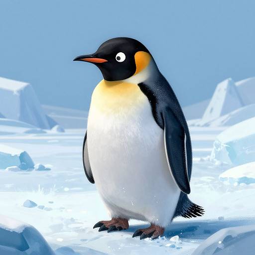 Digital illustration of a King Penguin standing on snowy ice, featuring black head, white belly, orange chest, and blue background.