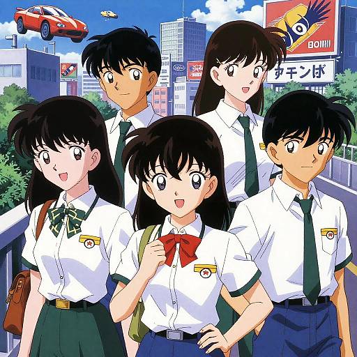 Anime-style illustration of five Japanese schoolchildren with black hair, white shirts, green ties, and blue skirts, standing on a city street with skyscrap