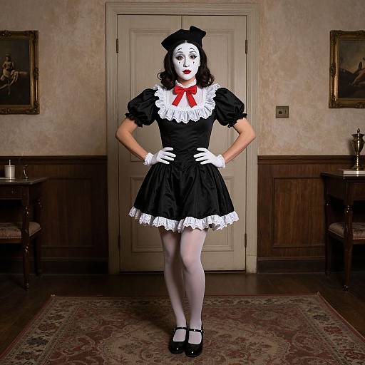 Photograph of a woman in a black French maid costume with white lace trim, white gloves, black hat, red bow, and black shoes, standing