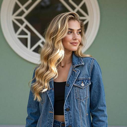 Young Woman in Denim by Green Wall