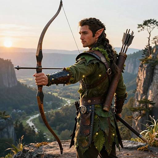 Epic fantasy photograph: Elf archer with pointed ears, green armor, and quiver, draws a bow on a rocky cliff at sunset, overlooking