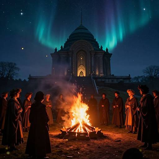 Victorian Era Gathering Around Bonfire at Ancient Temple