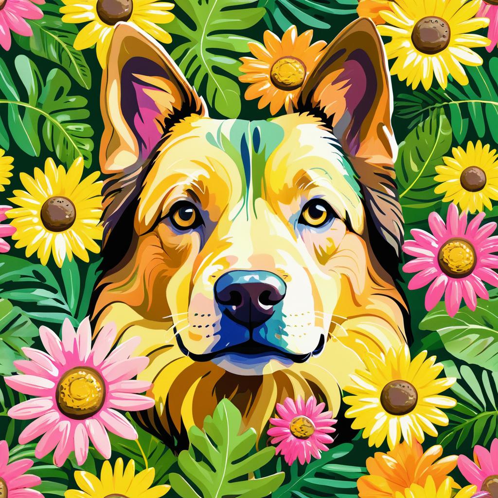 Vibrant Surreal Dog Portrait with Nature