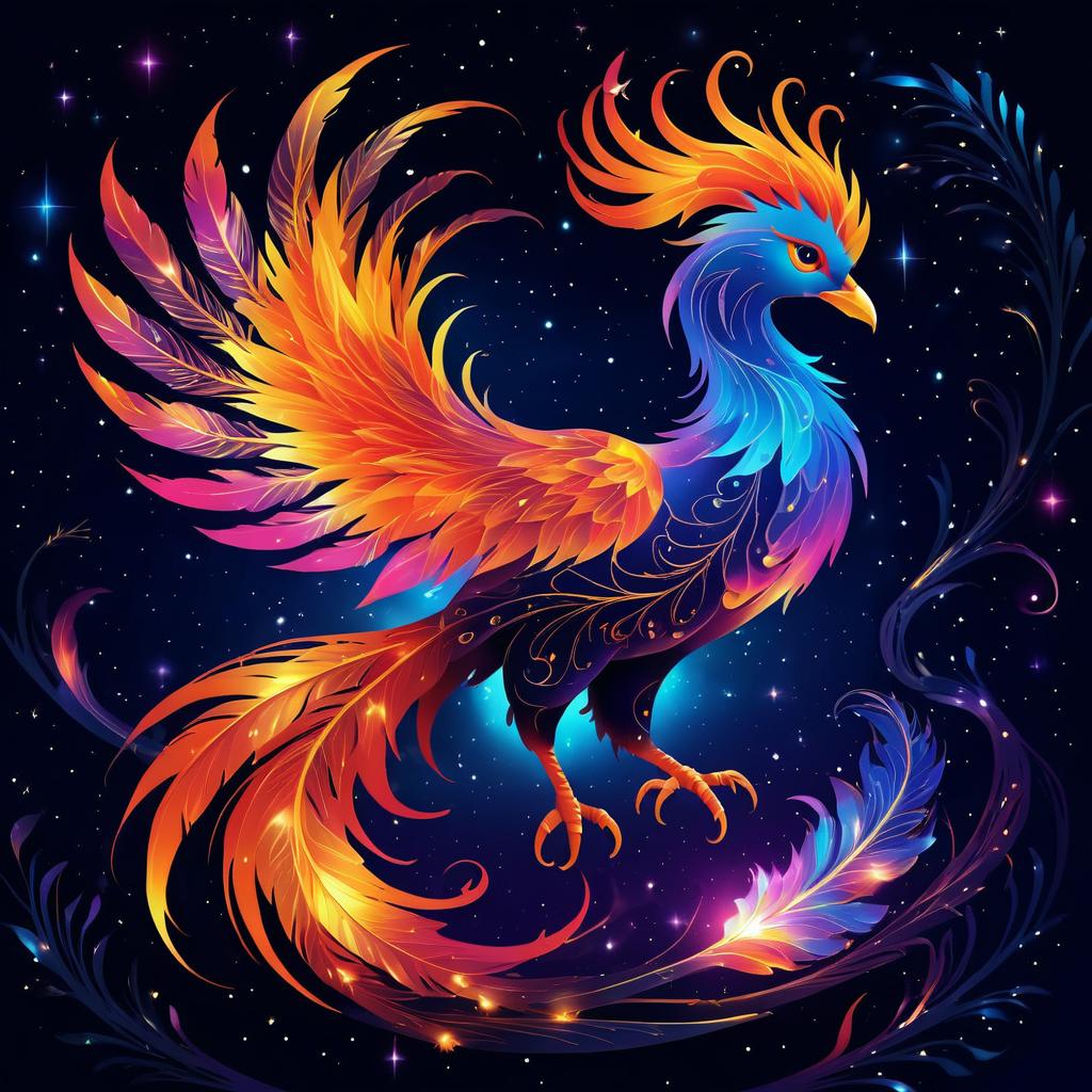 Ethereal Phoenix in a Fiery Nightscape